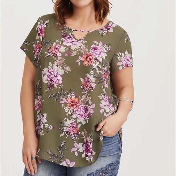 Torrid Blouse Olive Floral Keyhole Georgette Blouse - Picture 1 of 4